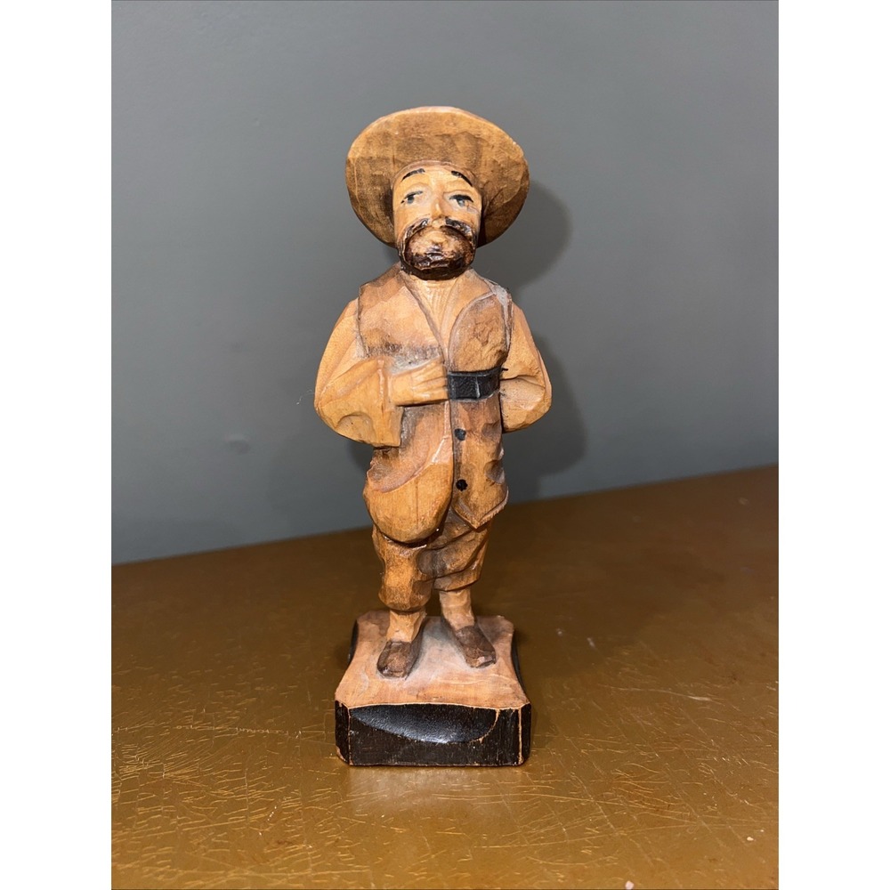 Vintage Hand‎ Carved Wood Figurine Sancho Panza Man with Hat Folk Art 1994 6.5in